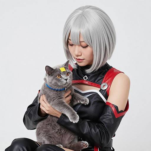 Asian Woman in Cosplay Holding Cat