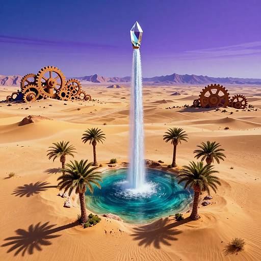 Digital artwork: Towering white beam of light emerges from desert oasis with blue pool, surrounded by palm trees and large rusty gears against a purple sky and
