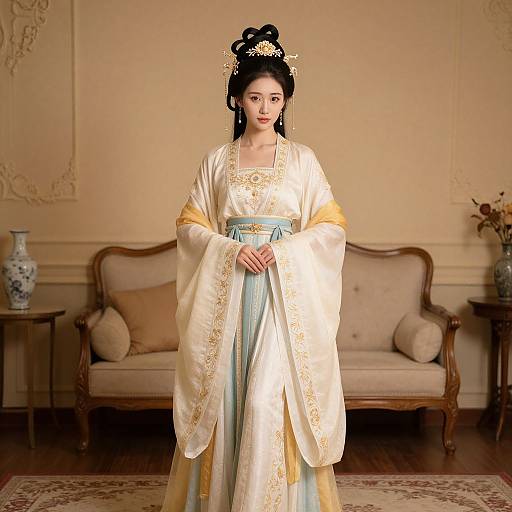 Photograph of an East Asian woman in traditional white and gold Chinese qipao with long sleeves, black hair in an updo, standing in an