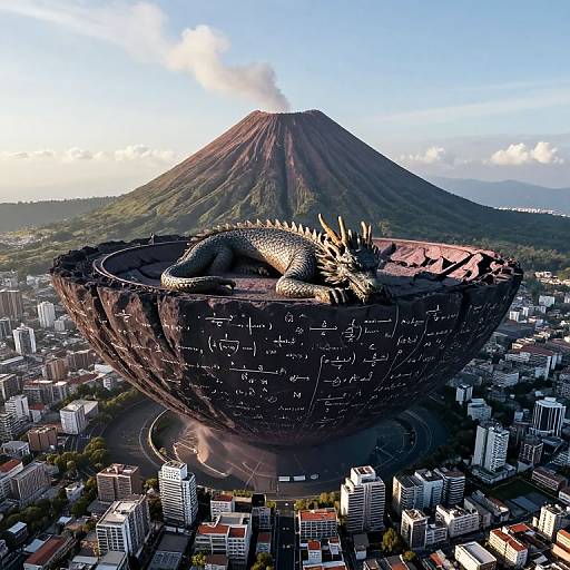 CGI image of a dragon atop a massive, black, dome-shaped structure with a volcano in the background, surrounded by a cityscape. Bright daylight