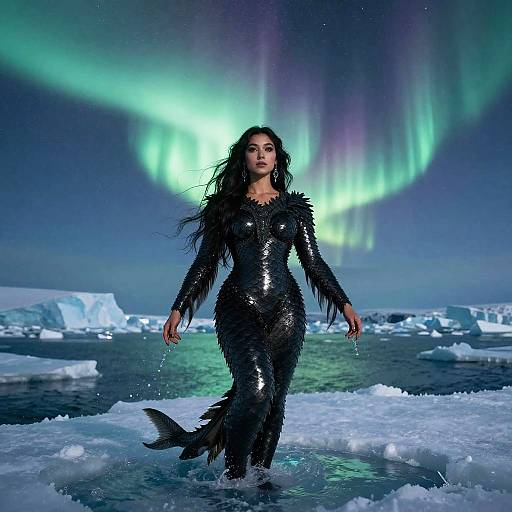 Photograph of a woman with long black hair in a shiny, black sequin mermaid dress standing in icy water, surrounded by floating icebergs