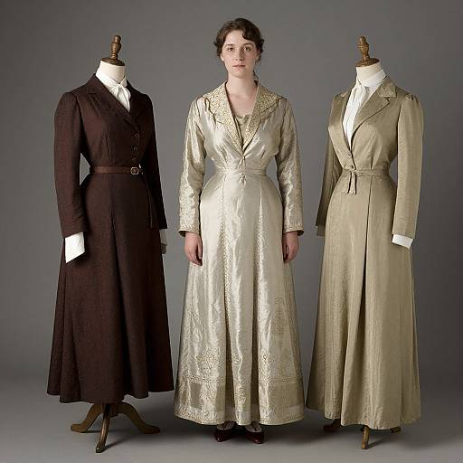 Photograph of a woman standing between three vintage dress mannequins, each displaying different long, 19th-century-style dresses in black, gold