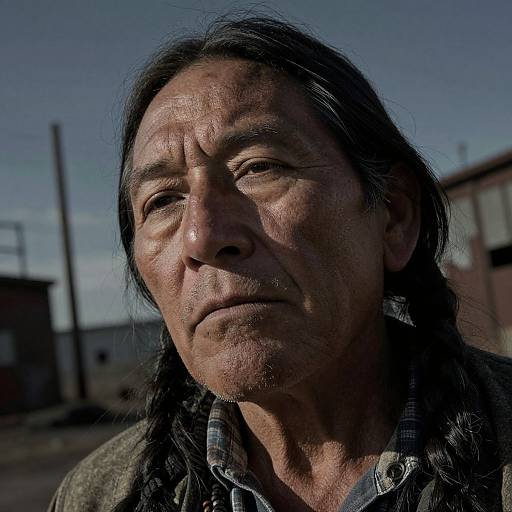 Photograph of a serious, middle-aged Asian man with long black hair, weathered skin, and wrinkled face, wearing a plaid shirt,