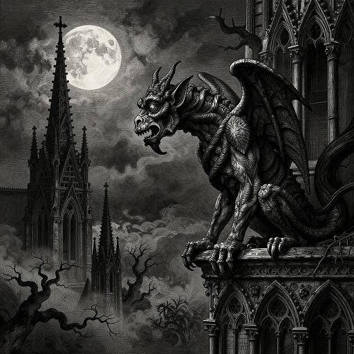 Gothic Gargoyle on Stormy Cathedral Spires