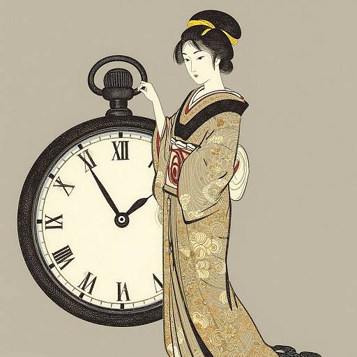 Digital illustration of a Japanese woman in a floral kimono, standing beside a large, antique-style clock with Roman numerals.
