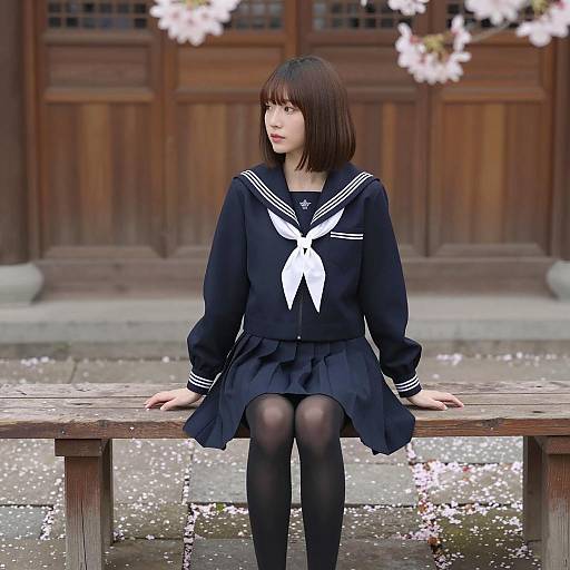 Asian Schoolgirl Amid Cherry Blossoms