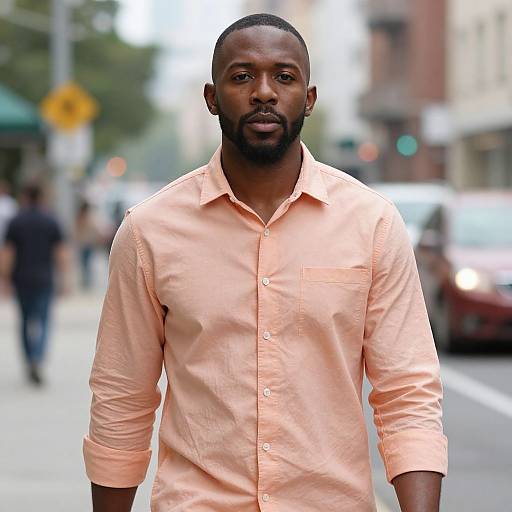 Photograph of a serious, attractive Black man with a short beard, wearing a peach button-up shirt, standing on a busy urban street. Blurred