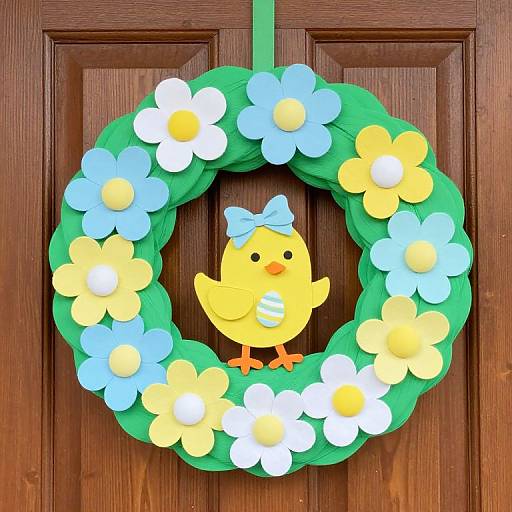 Colorful wreath with green foliage, blue, white, and yellow flowers, and a yellow chick with a blue bow on a wooden door.