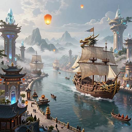 Fantasy Port City with Dragon Sails