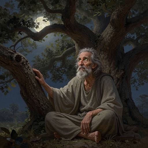 Photograph-like digital art of an elderly, bearded man with gray hair, wearing a tattered robe, sitting under a moonlit tree, g