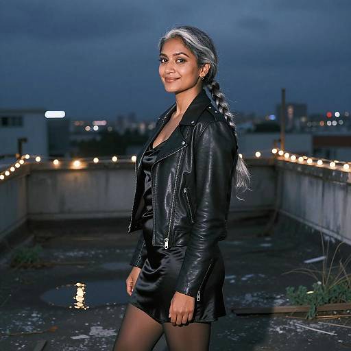 Elegant South Asian Woman on Rooftop at Night