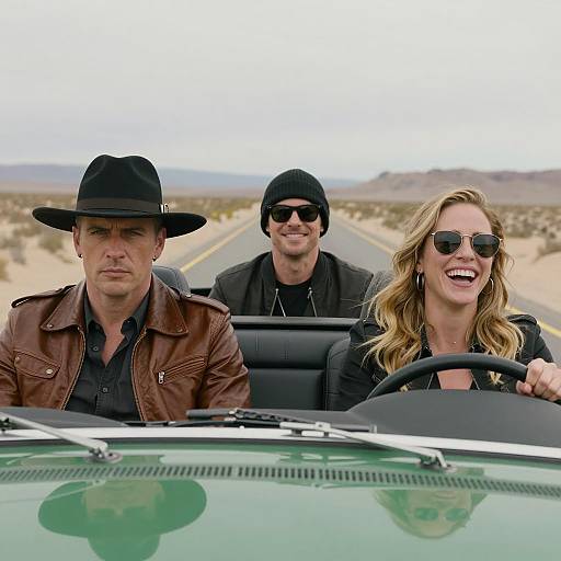 Three friends driving a green convertible on desert highway