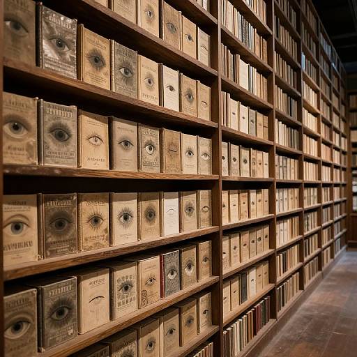 Photograph of a library with wooden shelves filled with books featuring eye illustrations on their covers, arranged in a grid pattern. Warm, natural light illuminates