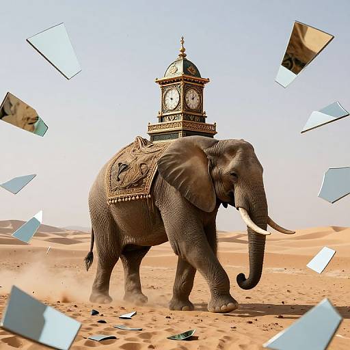 Photograph of an ornate, saddled elephant with large tusks in a desert, under a clock tower, with floating blue rectangles.
