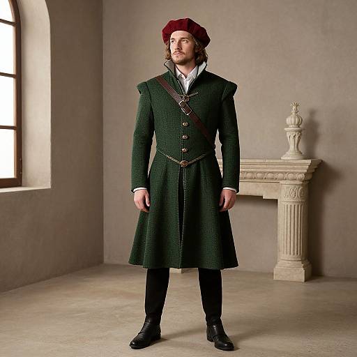 Photograph of a man in a dark green, knee-length, Highland-style coat with a red beret, black trousers, and boots, standing in