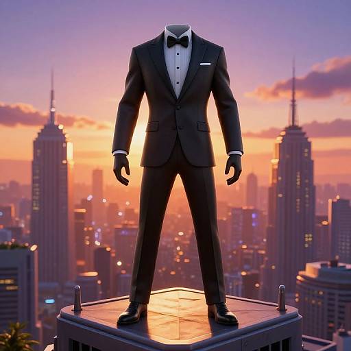 Photograph of a black tuxedo mannequin with bow tie, standing on a rooftop at sunset, city skyline with skyscrapers in background