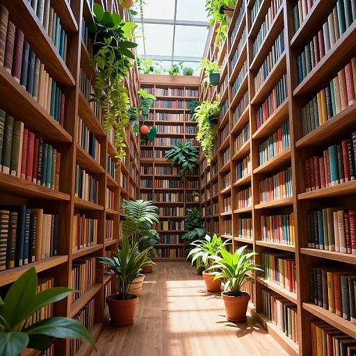 Photograph of a sunlit, narrow library aisle filled with wooden bookshelves, colorful books, and potted green plants, creating a serene,