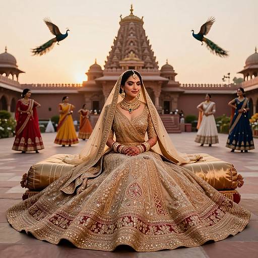 Photograph of a South Asian bride in an elaborate gold and red embroidered lehenga, seated in a grand courtyard with a sunset, temple, and flying