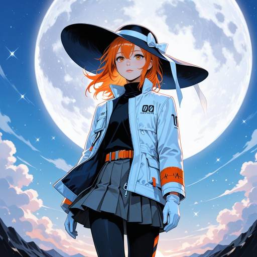 Anime Girl with Wide-Brim Hat Under Full Moon