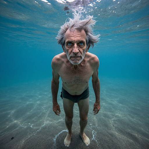 Photograph of an elderly, white-haired man with a beard, wearing black swim trunks, underwater, looking up with wide eyes, surrounded by blue
