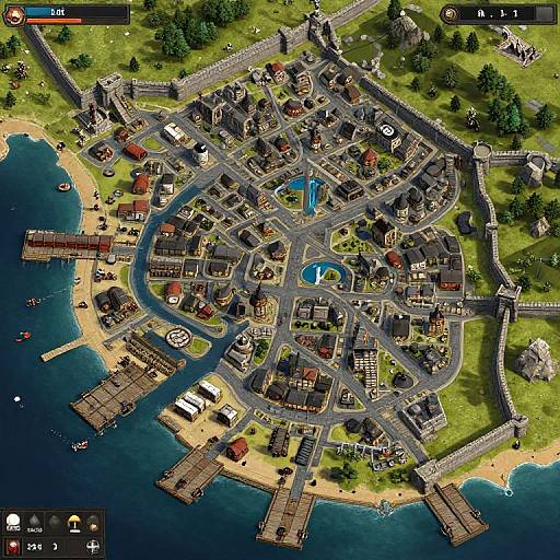 Aerial view of a vibrant, detailed town with colorful houses, winding roads, a central pool, docks, and blue ocean. Game interface elements overlay