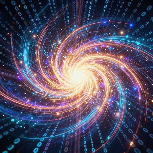Digital artwork of a vibrant, swirling galaxy with neon blue and pink rings, bright white center, and scattered binary code in the dark, starry background