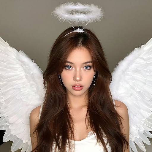 Photograph of a young woman with long brown hair, blue eyes, wearing white angel wings and a halo, against a gray background.