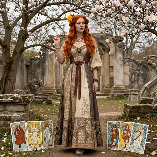 Photograph of a red-haired woman in medieval dress with ornate patterns, yellow flower crown, standing in a ruined garden, surrounded by four colorful tar