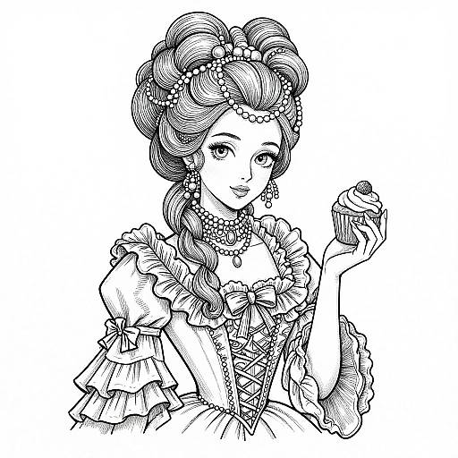 Black-and-white line drawing of an elegant woman with intricate updo, pearl jewelry, frilled dress, and holding an apple, smiling.