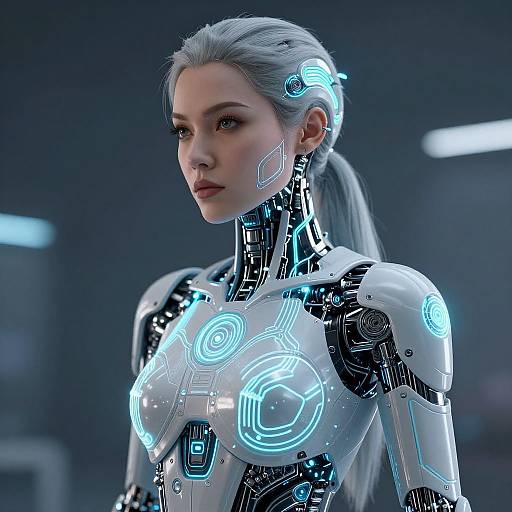 CGI image of a futuristic, cybernetic woman with silver hair, glowing blue circuit patterns on her white, robotic bodysuit, and a