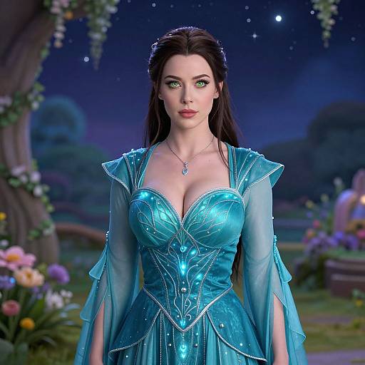 Digital illustration of a fair-skinned, green-eyed woman with long brown hair, wearing a shimmering, blue, fairy-tale style gown with intricate
