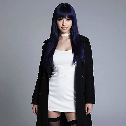 Photograph of a young woman with long, straight black hair, wearing a white mini dress, black jacket, white choker, and black thigh-high