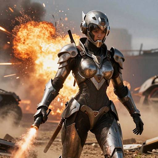Photorealistic CGI of a fierce female warrior in silver armor, holding a sword, standing amid an explosion with debris and smoke in the background.