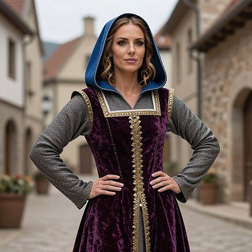 Photograph of a confident woman with wavy brown hair, wearing a medieval-style purple velvet dress with a blue hood, standing in a cobblestone