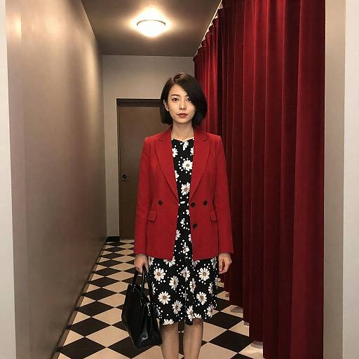 Woman in Red Blazer, Checkered Hallway