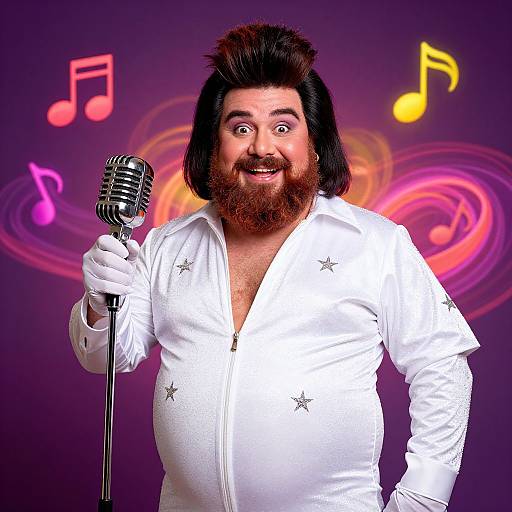 Photograph of a bearded, overweight man with a large, dark afro, wearing a white, star-adorned jumpsuit and gloves,