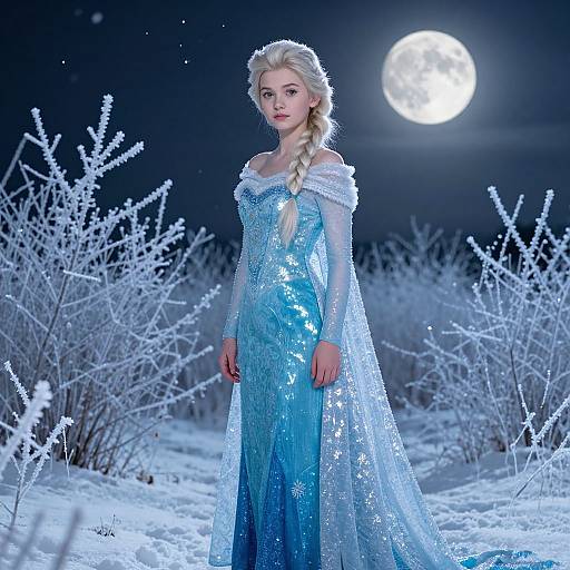 Photograph of a young blonde woman in an icy blue, sequined, off-shoulder Elsa dress standing in a snowy, moonlit forest.