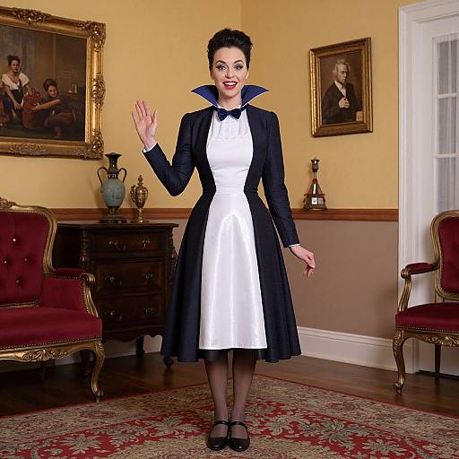 Photograph of a woman with short black hair, red lipstick, black and white dress, waving in a vintage-style living room.