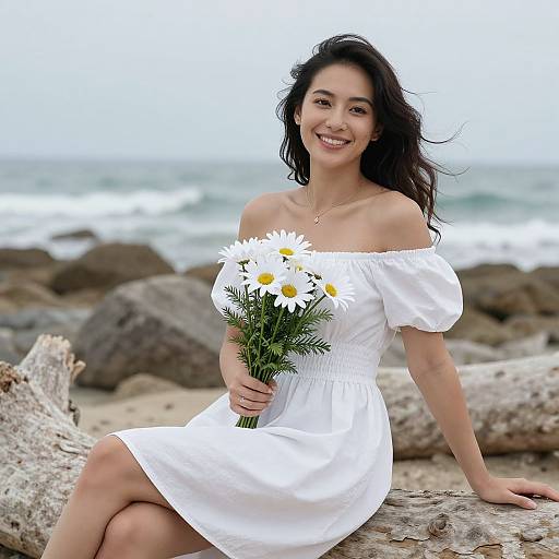 Photograph of a smiling Asian woman with long black hair, wearing an off-shoulder white dress, holding a bouquet of white daisies,