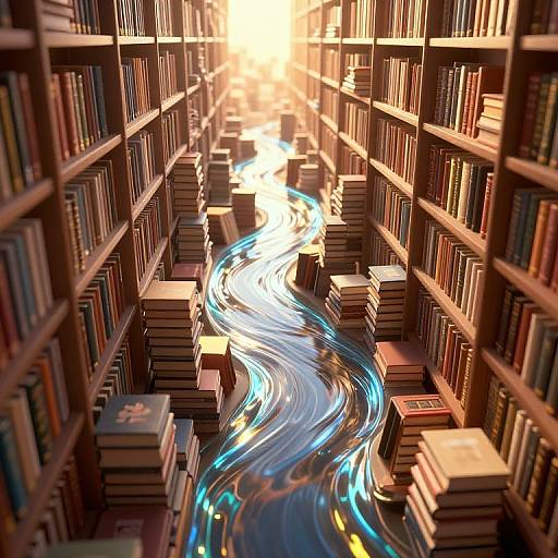 Digital art of a sunlit library aisle with wooden shelves filled with books, illuminated by a glowing blue light stream.