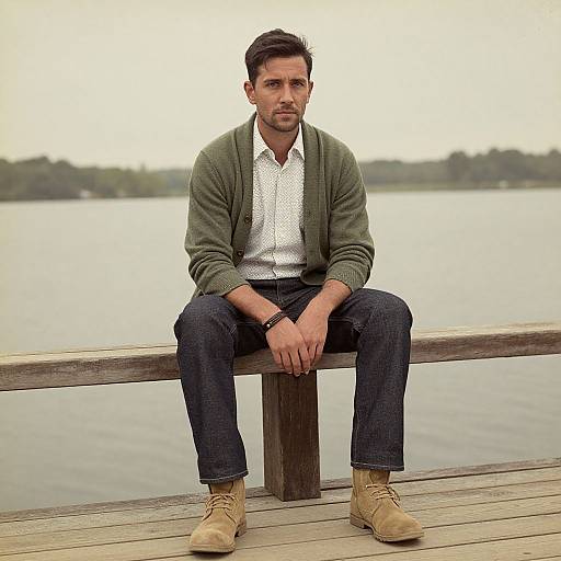 Photograph of a handsome man with short dark hair, green cardigan, white shirt, dark jeans, and tan boots, sitting on a wooden pier