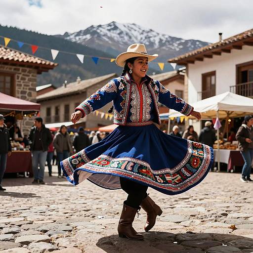 Photograph of a woman in a vibrant blue embroidered dress and straw hat dancing in a sunny, mountainous village square, surrounded by people and colorful flags