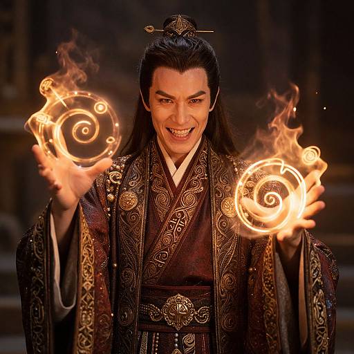Photograph of an Asian man with long black hair, wearing an ornate black kimono, smiling while conjuring swirling fireballs in both hands.