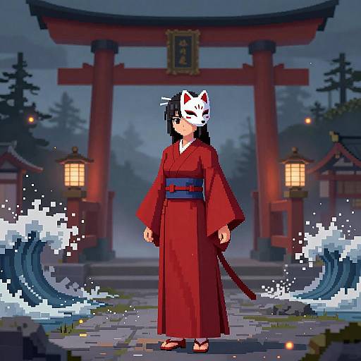 Storm-Swept Crimson Shrine Maiden at Dusk