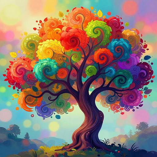 Vibrant digital artwork of a twisted, multicolored tree with swirling, rainbow-colored leaves against a bright, bokeh light background.