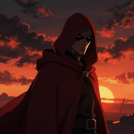 Dramatic Hooded Figure at Fiery Sunset