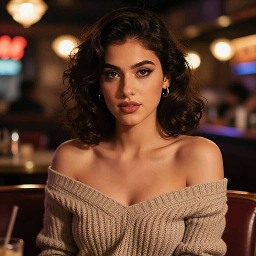 Photograph of a beautiful woman with dark wavy hair, olive skin, and striking eyes, wearing an off-shoulder beige knit sweater, sitting