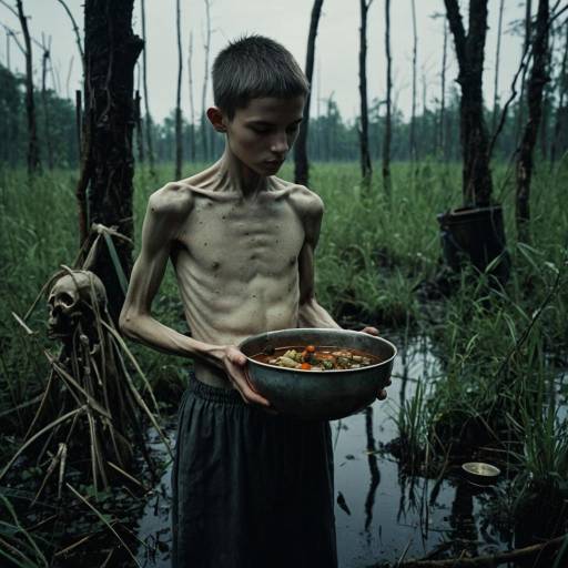Emaciated Boy with Bowl in Swamp