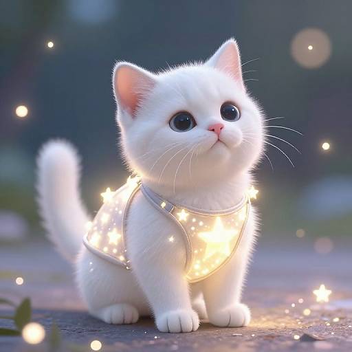 Whimsical Star-Harnessed White Kitten