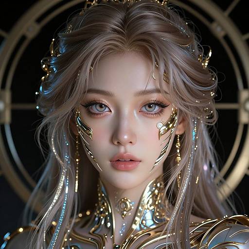 Digital CGI portrait of a fair-skinned, blue-eyed, silver-haired woman with glowing golden armor and intricate metallic adornments, set against a dark,